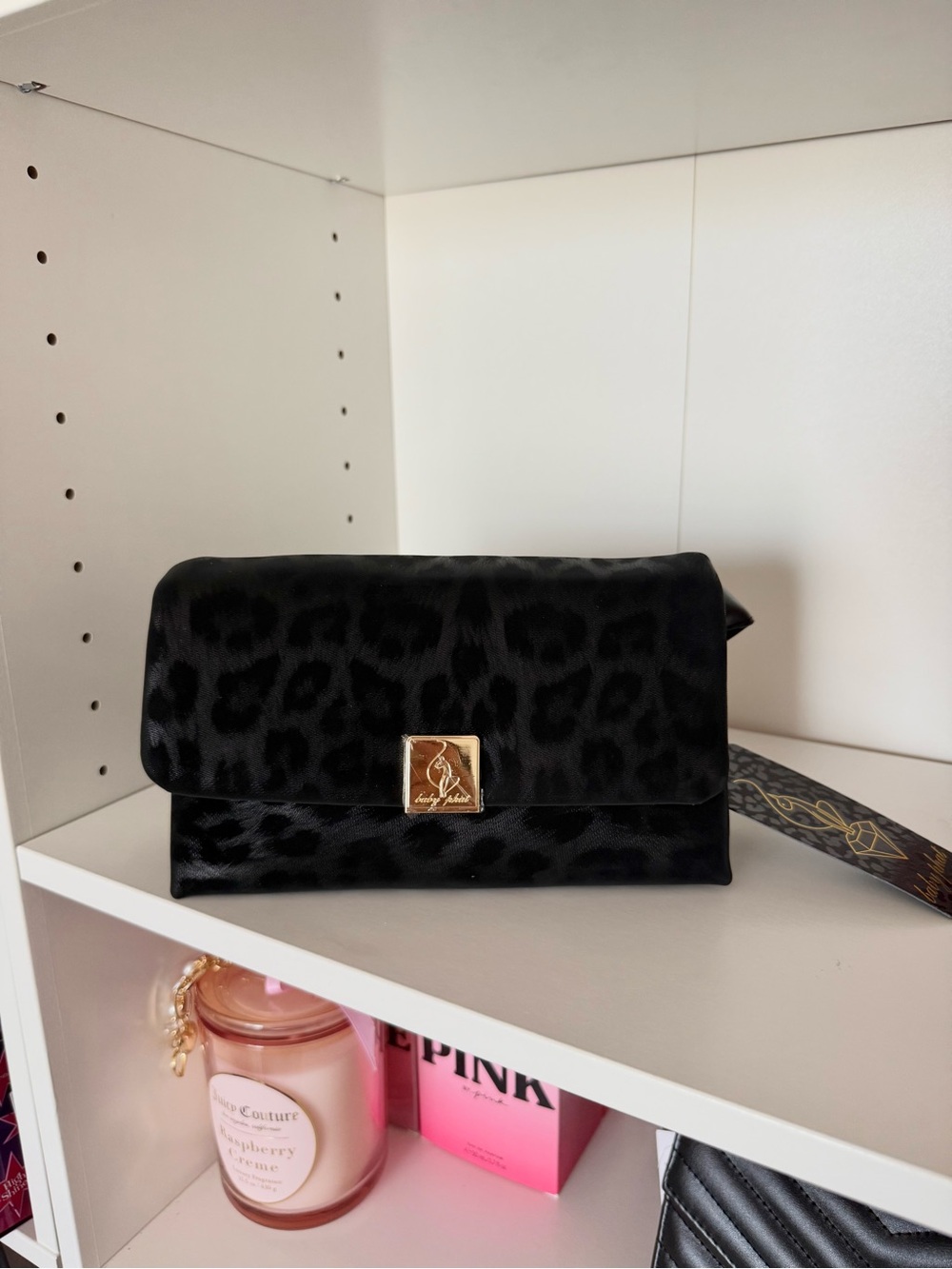 Baby Phat Black Leopard-Print Shoulder Bag with Gold Logo Plaque